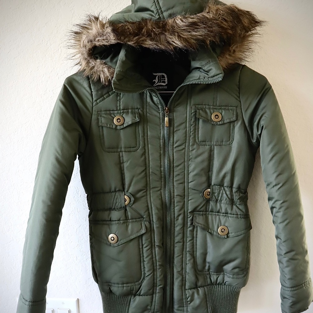 Olive Jacket With Faux Fur Hood